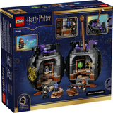 Harry Potter cauldron set opens to reveal secret potions classroom with tables, blackboard, potion bottles, and minifigures.
