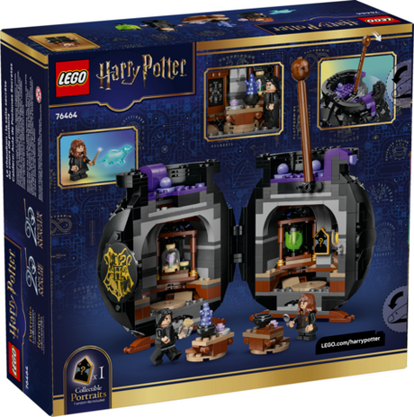 Harry Potter cauldron set opens to reveal secret potions classroom with tables, blackboard, potion bottles, and minifigures.