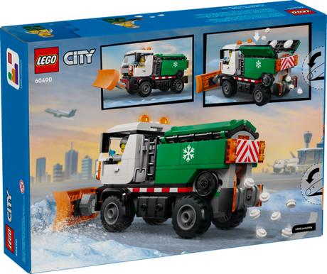 LEGO City model snowplow with rubber tires, front plow, salt spreader, and driver minifigure in a snowy urban scene
