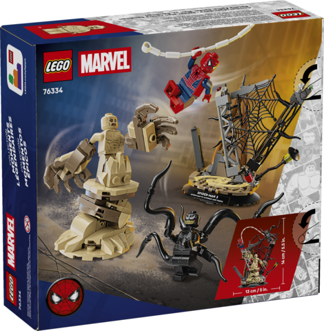 LEGO Marvel set featuring Spider-Man swinging, Venom with tentacles, and Sandman with a brick-built base battle scene