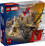 LEGO Marvel set featuring Spider-Man swinging, Venom with tentacles, and Sandman with a brick-built base battle scene