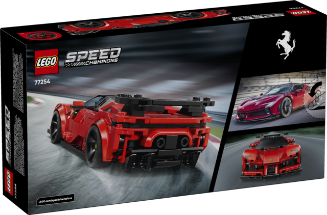 LEGO Speed Champions model of a red Ferrari SF90 XX Stradale sports car with driver minifigure and detailed design bricks