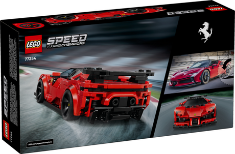 LEGO Speed Champions model of a red Ferrari SF90 XX Stradale sports car with driver minifigure and detailed design bricks