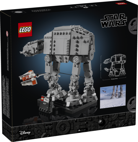 LEGO Star Wars model of an AT-AT walker with a flying snowspeeder captured on a black display stand