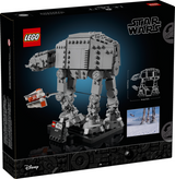 LEGO Star Wars model of an AT-AT walker with a flying snowspeeder captured on a black display stand