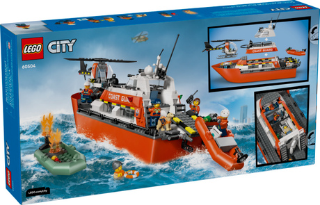 LEGO City Coast Guard rescue boat and helicopter set with minifigures, floating dinghies, and rescue scene on water
