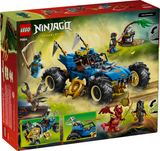 LEGO Ninjago Jay’s Transforming Car toy with blue vehicle, golden dragon features, rotating shurikens, and minifigures in action scenes