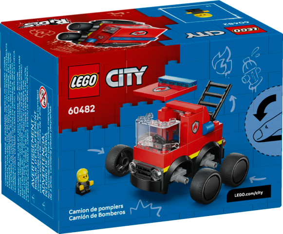 LEGO City mini fire truck building kit with junior firefighter figure and movable ladder on blue box background