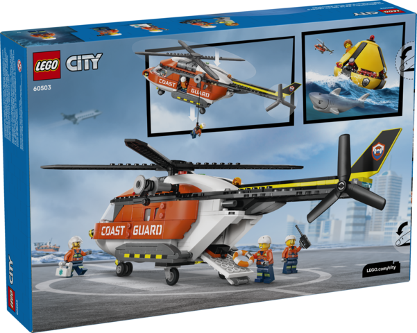 LEGO City Coast Guard Helicopter toy with minifigures, rescue capsule, and shark figure on city rooftop helipad