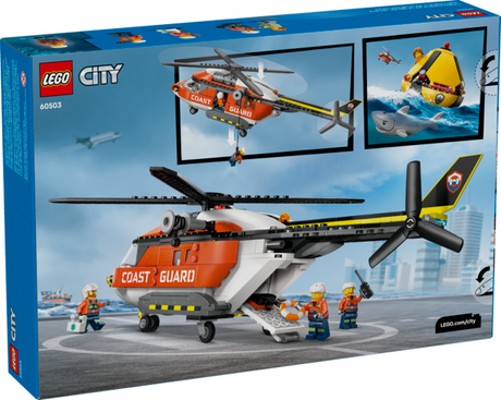 LEGO City Coast Guard Helicopter toy with minifigures, rescue capsule, and shark figure on city rooftop helipad