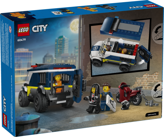 LEGO City police prisoner transport van with jail cell, getaway motorcycle, and three minifigures playing police and criminals