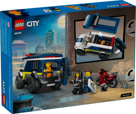 LEGO City police prisoner transport van with jail cell, getaway motorcycle, and three minifigures playing police and criminals