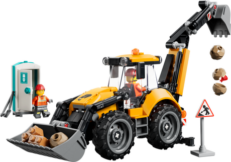 City Yellow Backhoe Loader with front bucket and raised digging arm