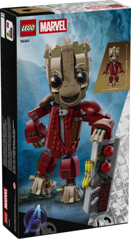 LEGO Marvel buildable figure of Groot in a red Ravager suit holding a detonator with timers and buttons