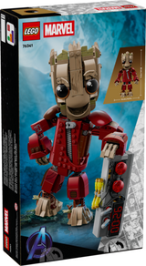 LEGO Marvel buildable figure of Groot in a red Ravager suit holding a detonator with timers and buttons