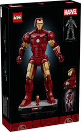 LEGO Marvel Iron Man Mark 3 posable display figure standing over 15 inches tall on a base with mini figure