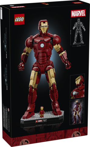 LEGO Marvel Iron Man Mark 3 posable display figure standing over 15 inches tall on a base with mini figure