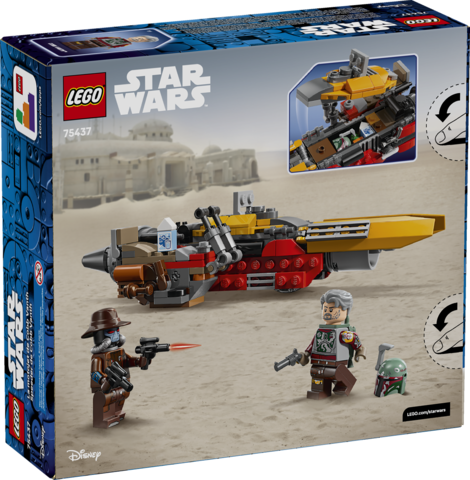 LEGO Star Wars set featuring Cobb Vanth with blaster and speeder against desert backdrop and Boba Fett helmet accessory.