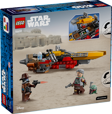 LEGO Star Wars set featuring Cobb Vanth with blaster and speeder against desert backdrop and Boba Fett helmet accessory.