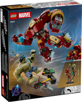 LEGO Marvel set featuring Hulk and Iron Man minifigures with an articulated Hulkbuster mech in dynamic battle pose