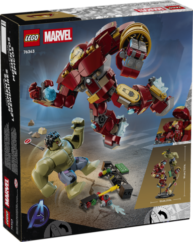 LEGO Marvel set featuring Hulk and Iron Man minifigures with an articulated Hulkbuster mech in dynamic battle pose