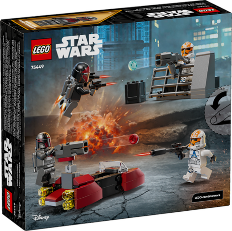 LEGO Star Wars set showing Mandalorian Super Commandos battling 332nd Clone Troopers in Siege of Mandalore scene