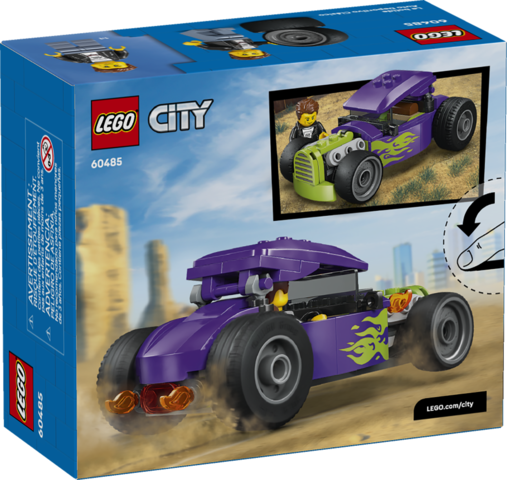 LEGO City Hot Rod building kit with purple custom car featuring flames and a minifigure driver for street racing play