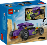 LEGO City Hot Rod building kit with purple custom car featuring flames and a minifigure driver for street racing play