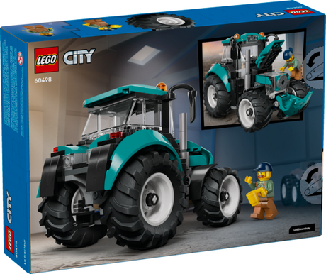 LEGO City tractor toy with teal color, large rubber tires, and farmer minifigure opening hood on gray background.