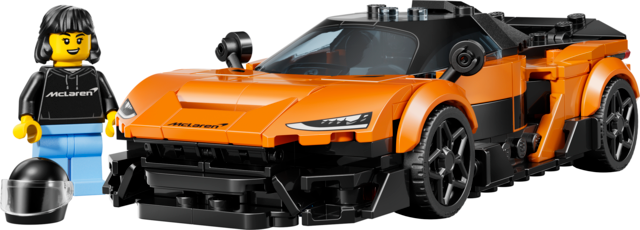 Orange race car toy with detailed design, accompanied by a driver minifigure wearing a black outfit and helmet accessory.