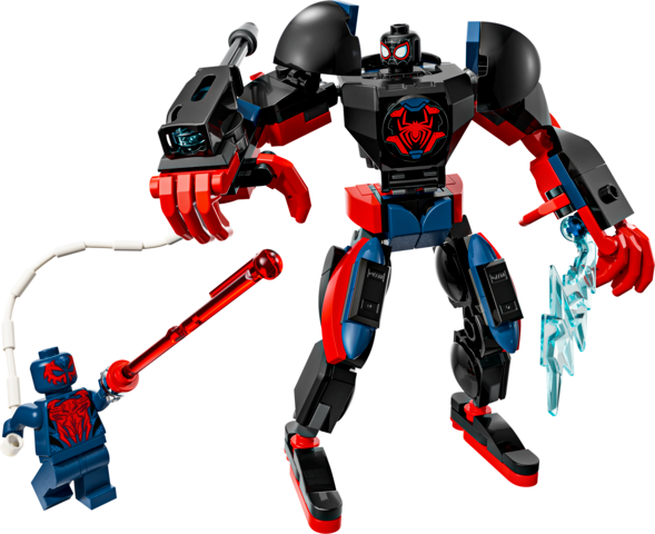 Spider-Man mech with red and black design and mini Spider-Man figure launching web attack from extended arm
