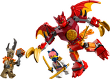 Red dragon mech with posable wings and claws alongside two ninja and villain minifigures in battle poses