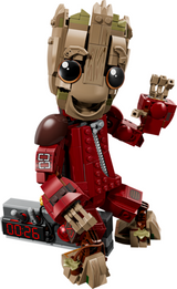 Buildable figure of Groot in a red Ravager suit holding a detonator with digital timer display.