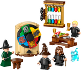 LEGO minifigures acting out Hogwarts Sorting Hat ceremony with house crest spinner and potion bottles set