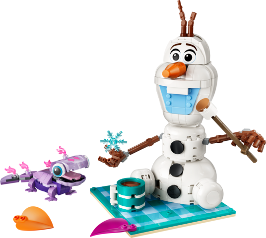LEGO buildable Olaf with Bruni lizard holding snowflake on picnic blanket with cup and carrot-shaped food piece