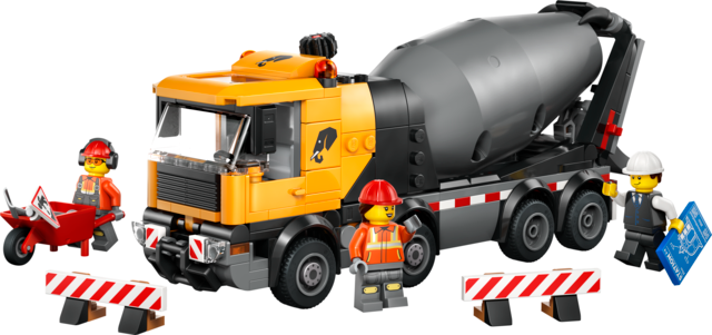 Toy cement mixer truck with revolving drum, eight rubber tires, and three construction worker minifigures for play