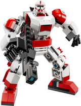 LEGO Star Wars Clone Shock Trooper mech with movable arms and legs holding a large blaster rifle in a battle pose