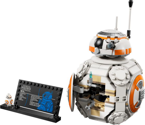 LEGO Star Wars model of BB-8 droid with open compartment and detailed information plaque on display stand