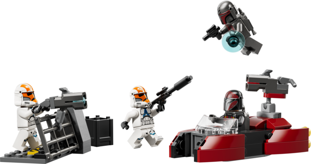 LEGO Star Wars Siege of Mandalore set with two clone troopers, Mandalorian Super Commando, weapons, and speeder vehicle