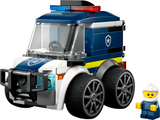 Toy police truck building kit with large wheels and a smiling police officer figure wearing a white helmet