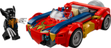 LEGO figures of Spider-Man in a red and blue car facing Venomized Wolverine with claws ready for action