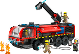 Model fire truck toy with 360-degree extinguisher arm, opening side bays, six rubber tires, and firefighter figures.