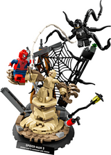 Spider-Man, Venom with tentacles, and Sandman battling on a detailed brick-built construction site set.
