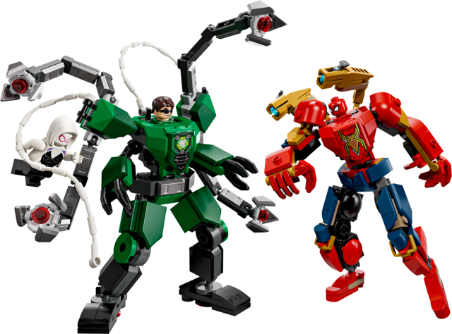 Spider-Man and Ghost-Spider face Doc Ock in fully jointed mech battle toys for dynamic play.