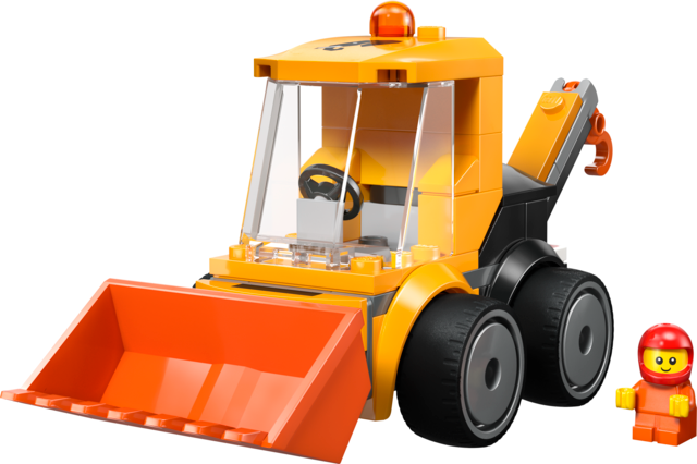 Mini construction loader toy with rubber tires and driver figure for imaginative building play.