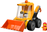 Mini construction loader toy with rubber tires and driver figure for imaginative building play.