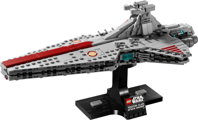 Detailed model of a Venator-Class Attack Cruiser displayed on a black stand with Star Wars branding and nameplate.