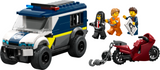Toy police prisoner transport van with minifigures, a getaway motorcycle, and an onboard jail cell building kit for kids