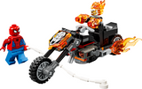 Spider-Man figure with web accessories facing Ghost Rider figure riding a flame-decorated motorcycle toy set