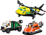 Model kit featuring a yellow medical plane, black and white service truck, and orange coast guard hovercraft with minifigures.